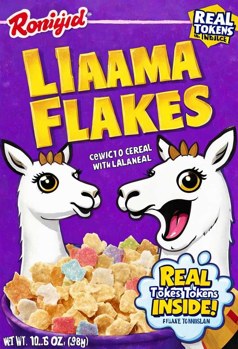 generated image of 'llama flakes, real tokens inside' cereal box